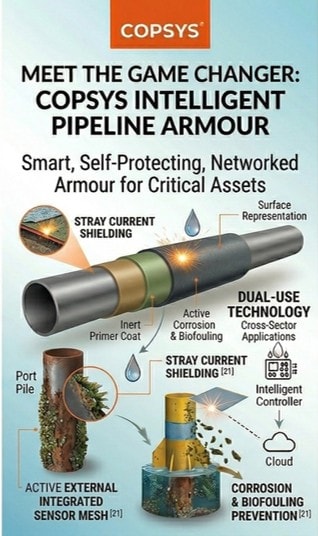 Copsys Intelligent Digital Skin — Pipeline Armour infographic showing stray current shielding, active corrosion and biofouling prevention, embedded sensor mesh, and intelligent controller